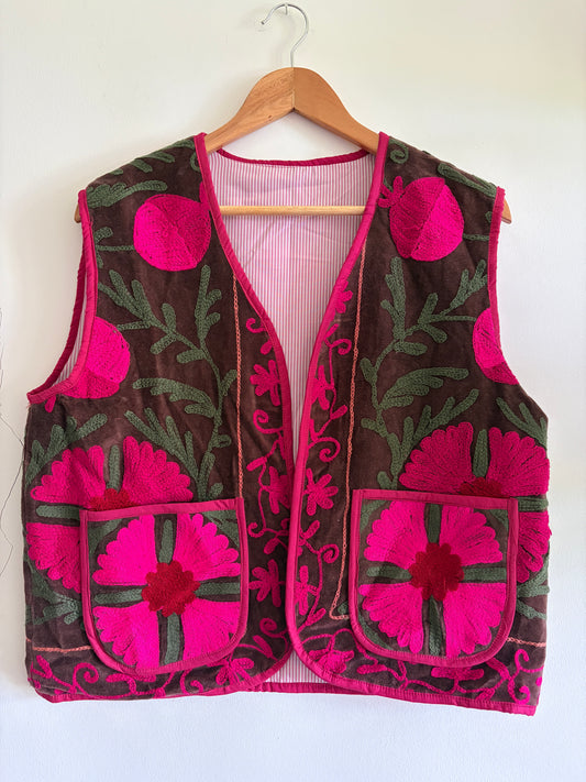 Brown and fuchsia Suzani embroidery vest front view handmade velvet waistcoat UK