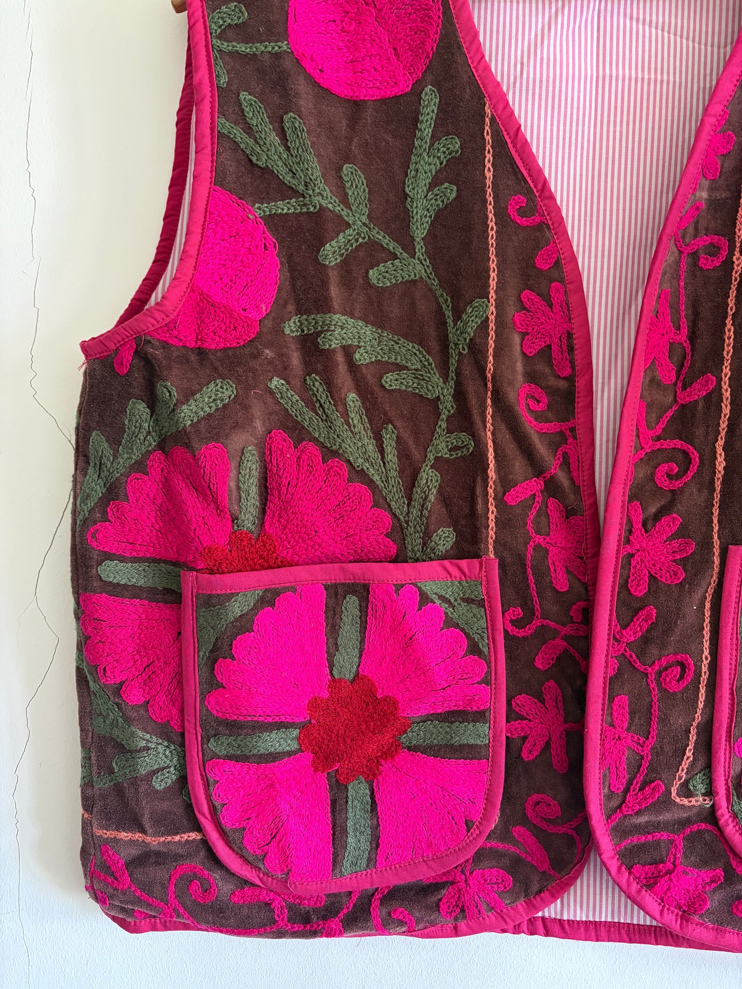 Suzani embroidered velvet vest side detail handmade artisan waistcoat UK