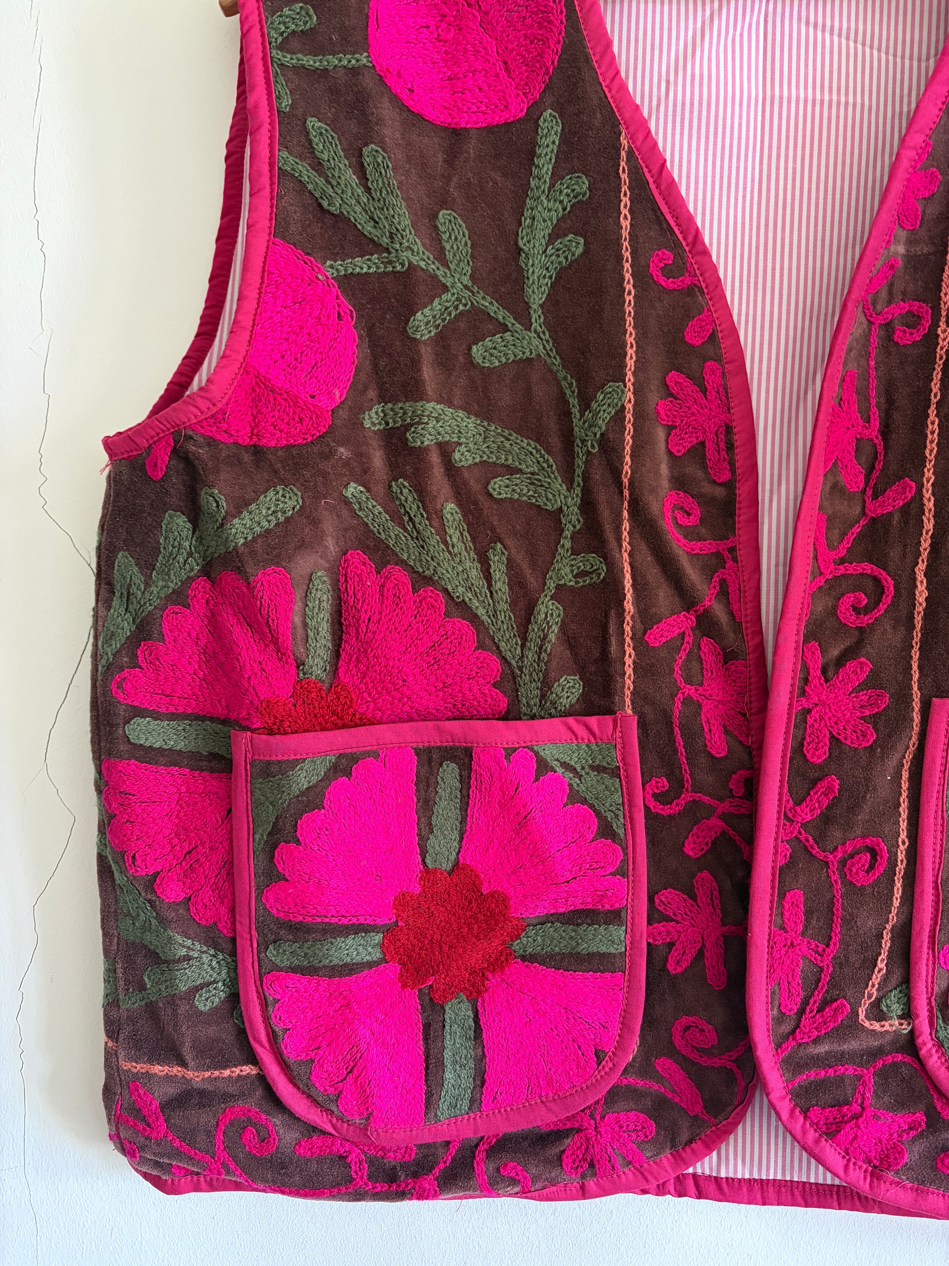 Suzani embroidered velvet vest side detail handmade artisan waistcoat UK