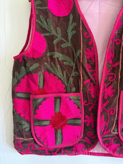 Suzani embroidered velvet vest side detail handmade artisan waistcoat UK