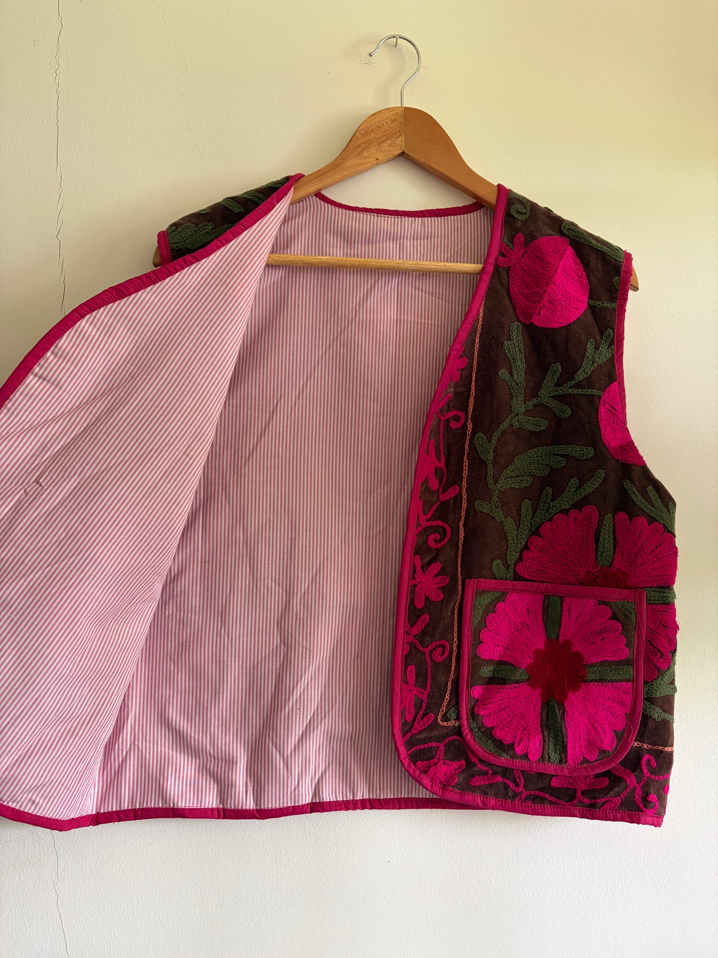 Suzani embroidered velvet vest inside lining detail pink cotton interior UK handmade