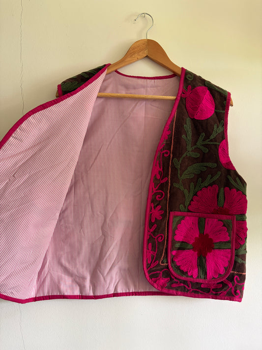Suzani embroidered velvet vest inside lining detail pink cotton interior UK handmade