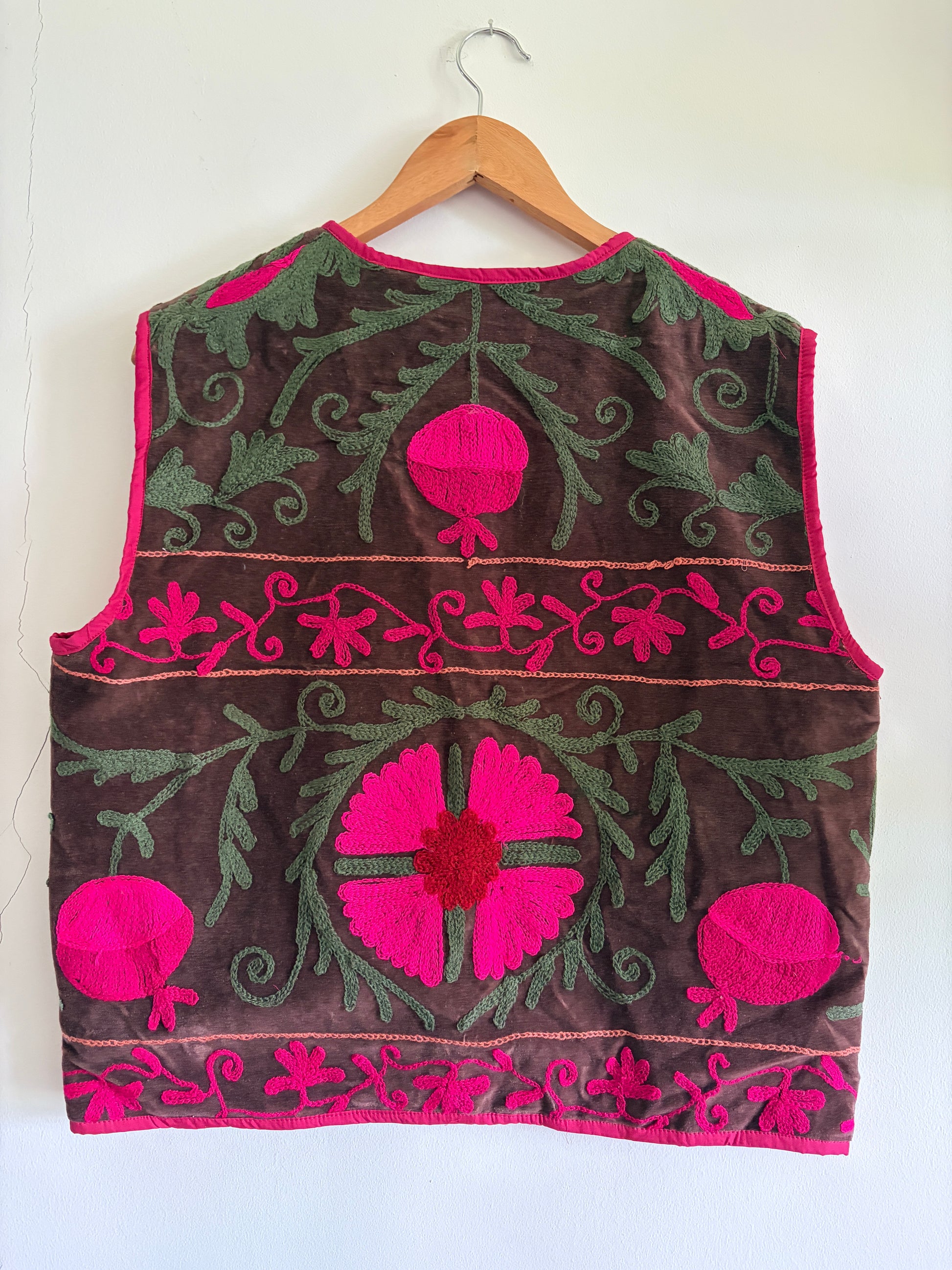 Brown fuchsia Suzani embroidery vest back view handmade velvet waistcoat UK