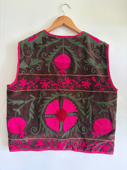 Brown fuchsia Suzani embroidery vest back view handmade velvet waistcoat UK
