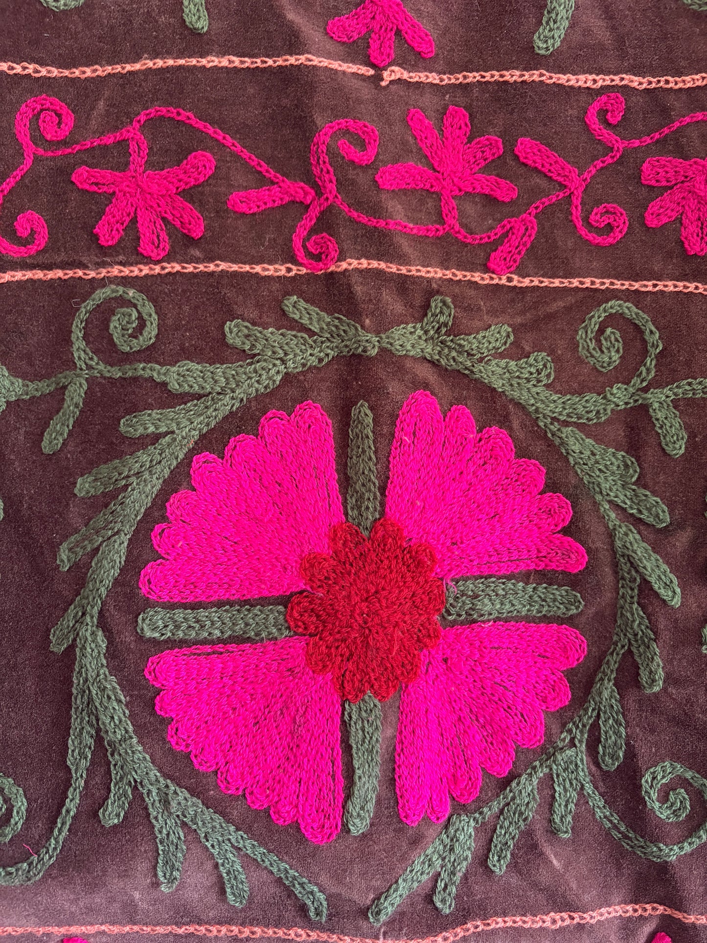 Suzani embroidery floral detail brown fuchsia velvet vest handcrafted pattern UK