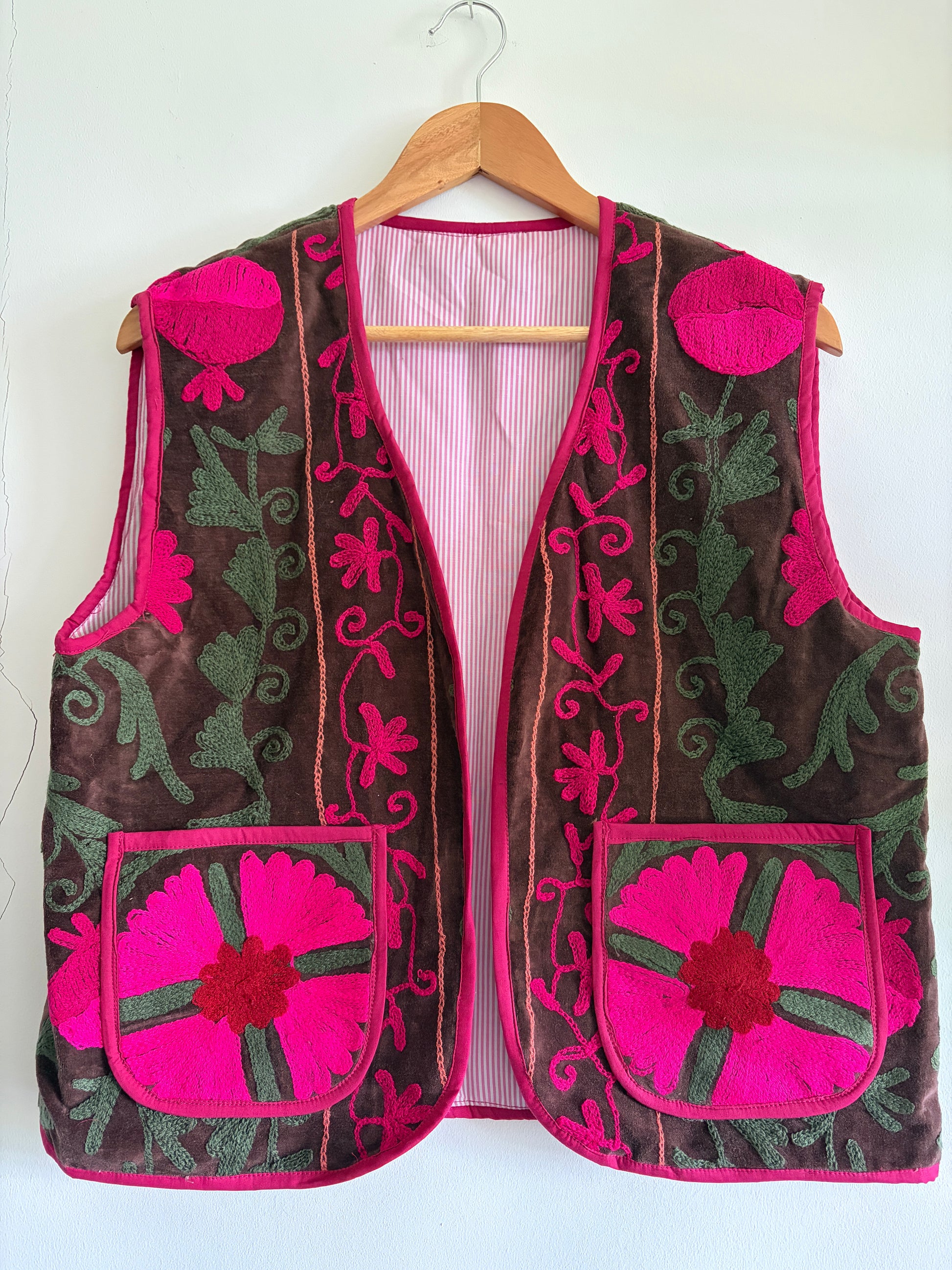 Brown fuchsia Suzani embroidery velvet vest handmade waistcoat UK front view