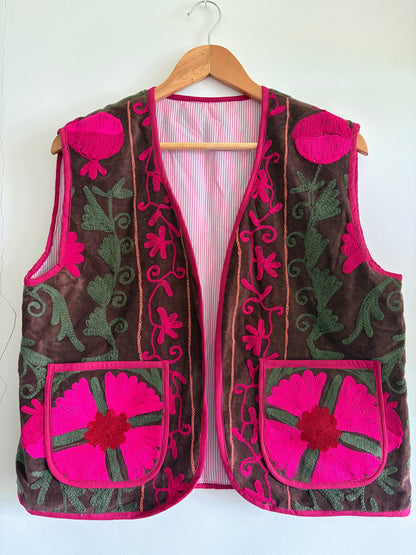 Brown fuchsia Suzani embroidery velvet vest handmade waistcoat UK front view