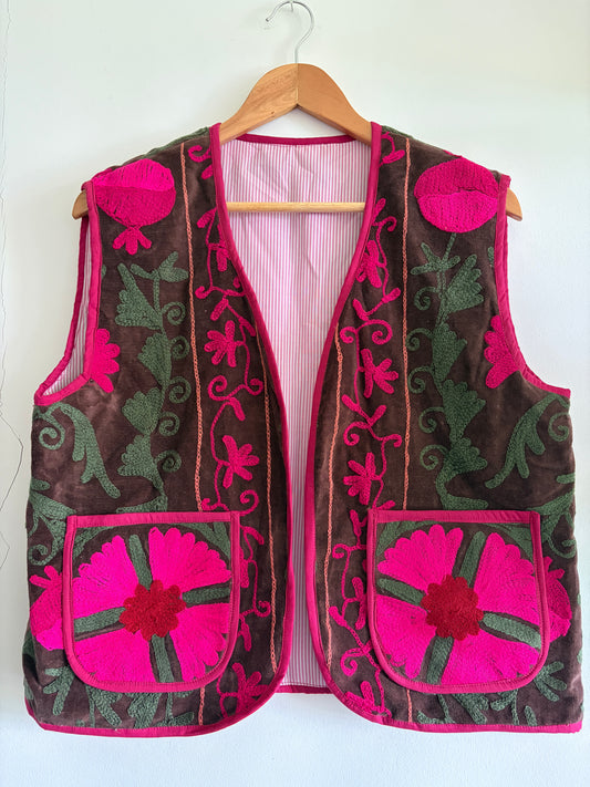Brown fuchsia Suzani embroidery velvet vest handmade waistcoat UK front view