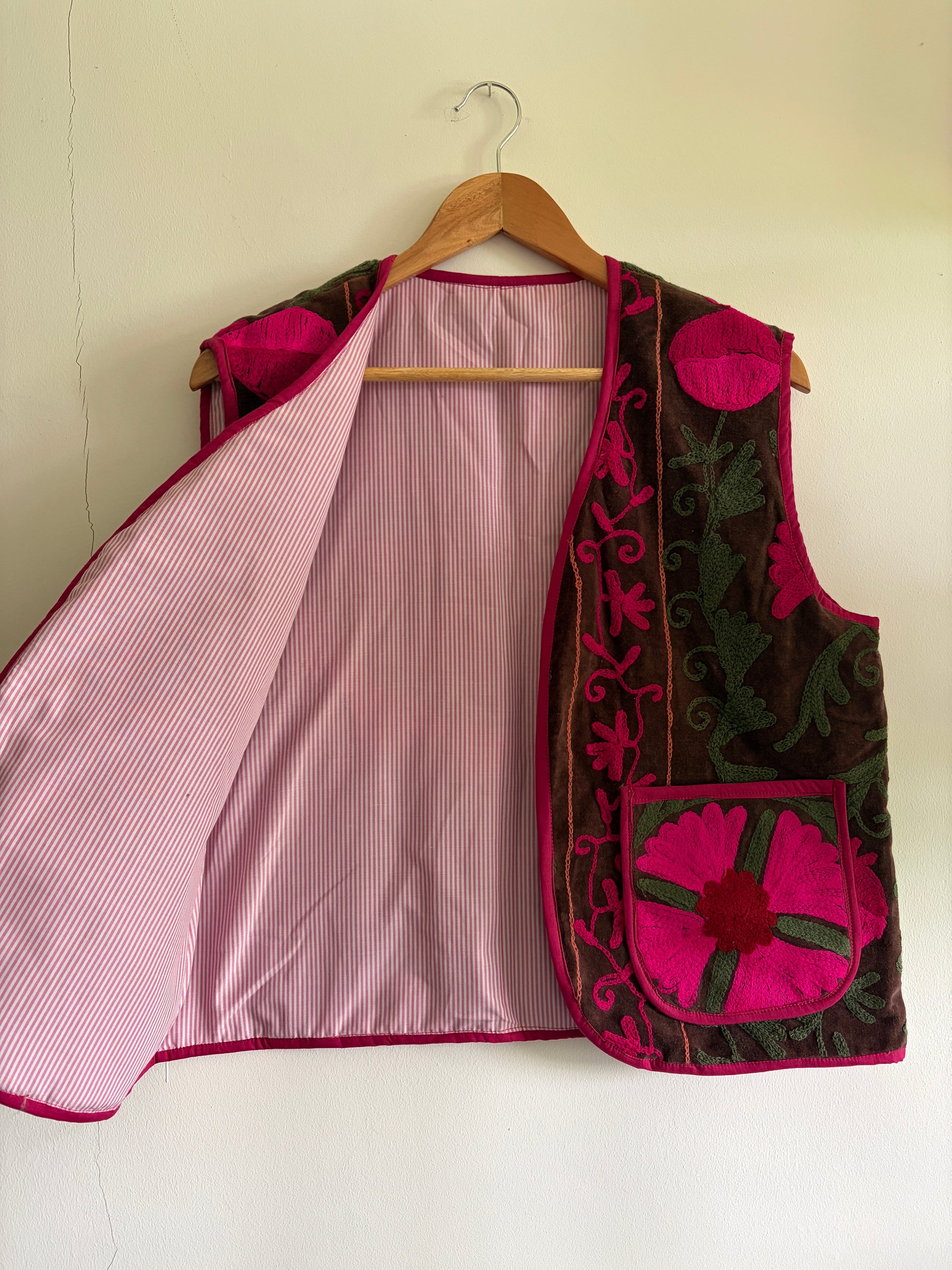 Suzani embroidered velvet vest inside lining pink cotton handmade UK