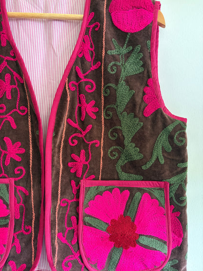 Brown fuchsia Suzani embroidery velvet vest side detail handmade UK