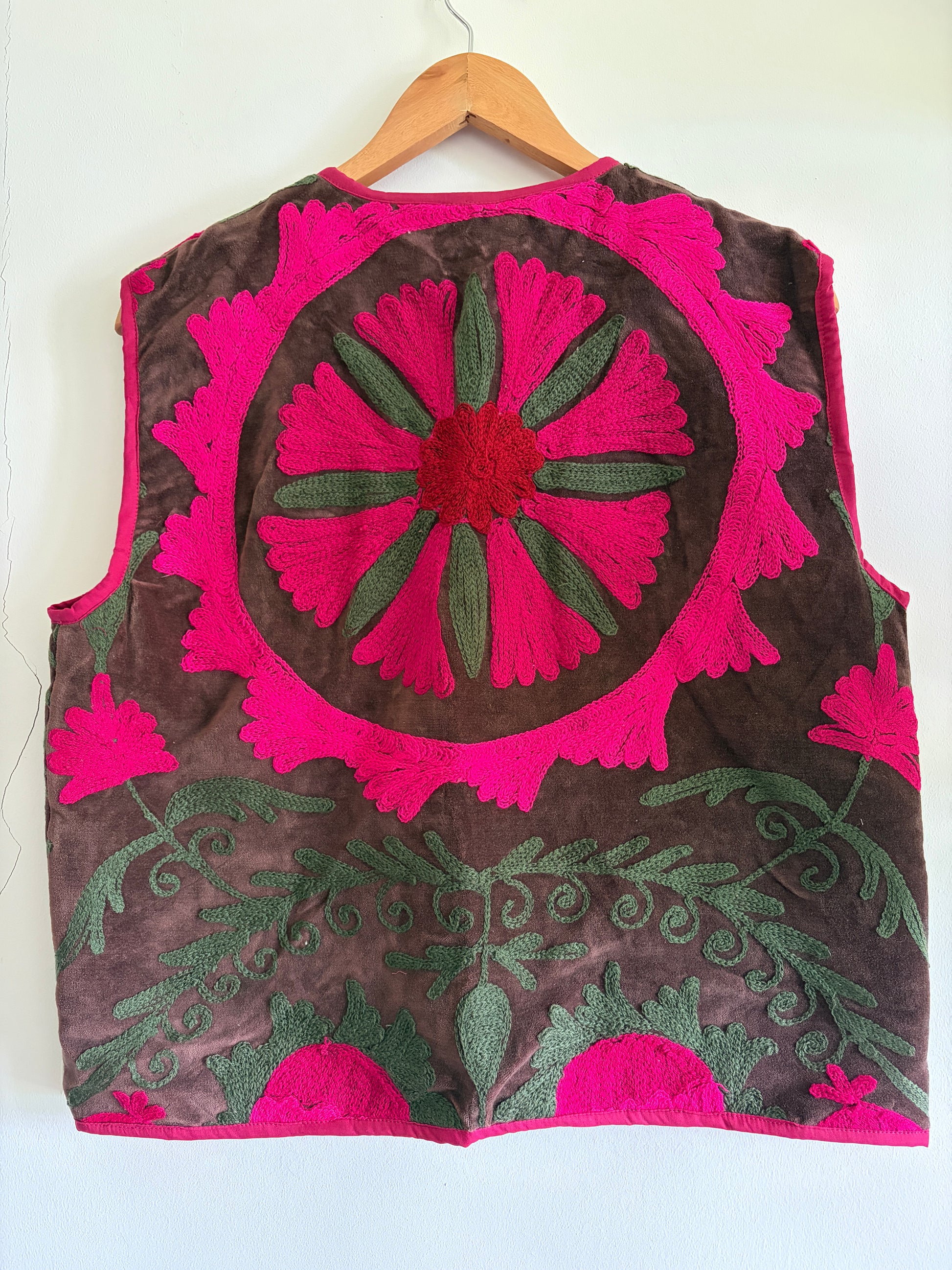 Brown fuchsia Suzani embroidery velvet vest back view handmade waistcoat UK