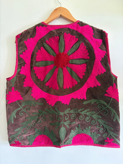 Brown fuchsia Suzani embroidery velvet vest back view handmade waistcoat UK