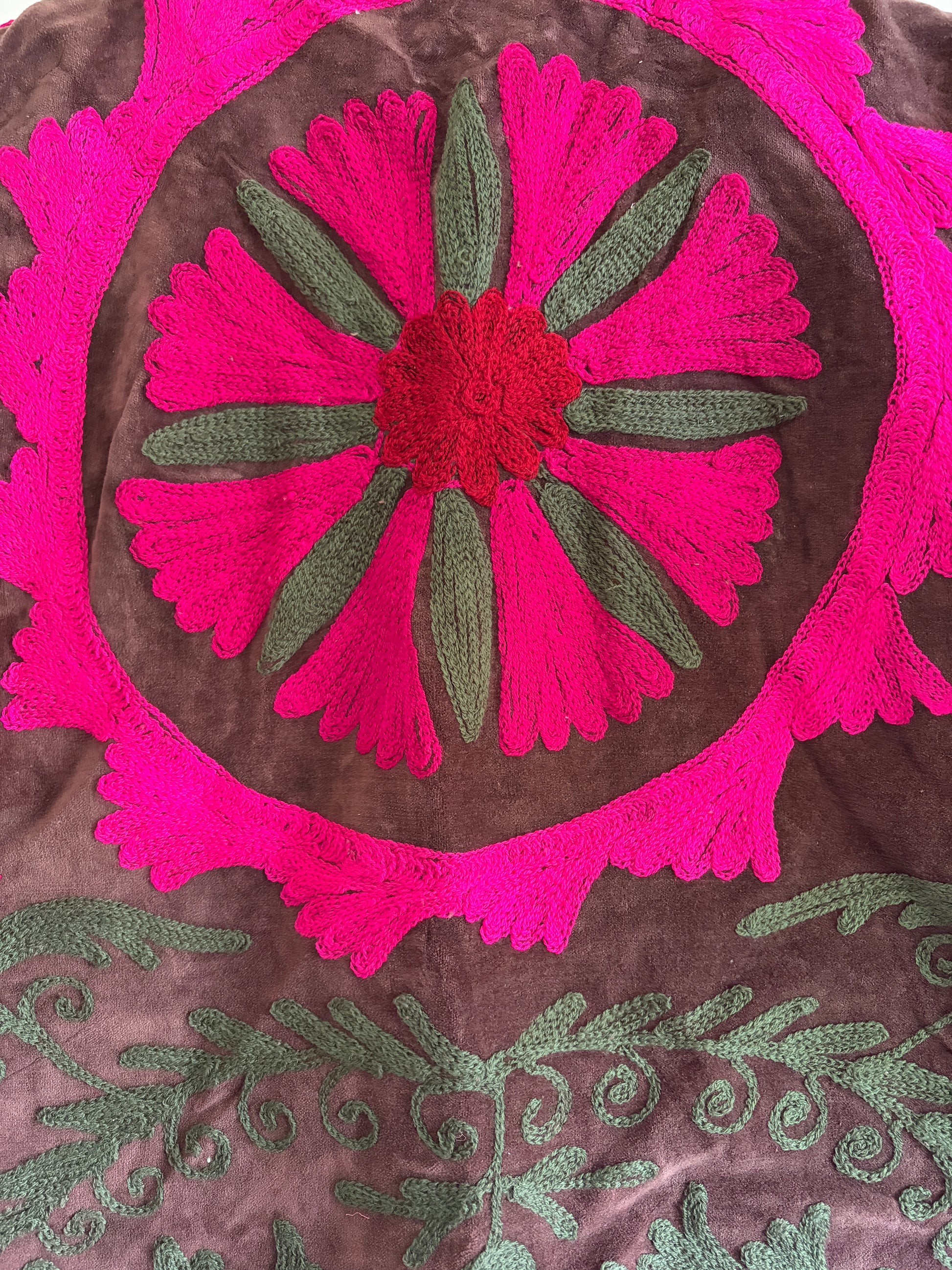 Suzani embroidery floral detail brown fuchsia velvet vest handmade UK