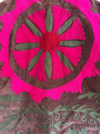 Suzani embroidery floral detail brown fuchsia velvet vest handmade UK