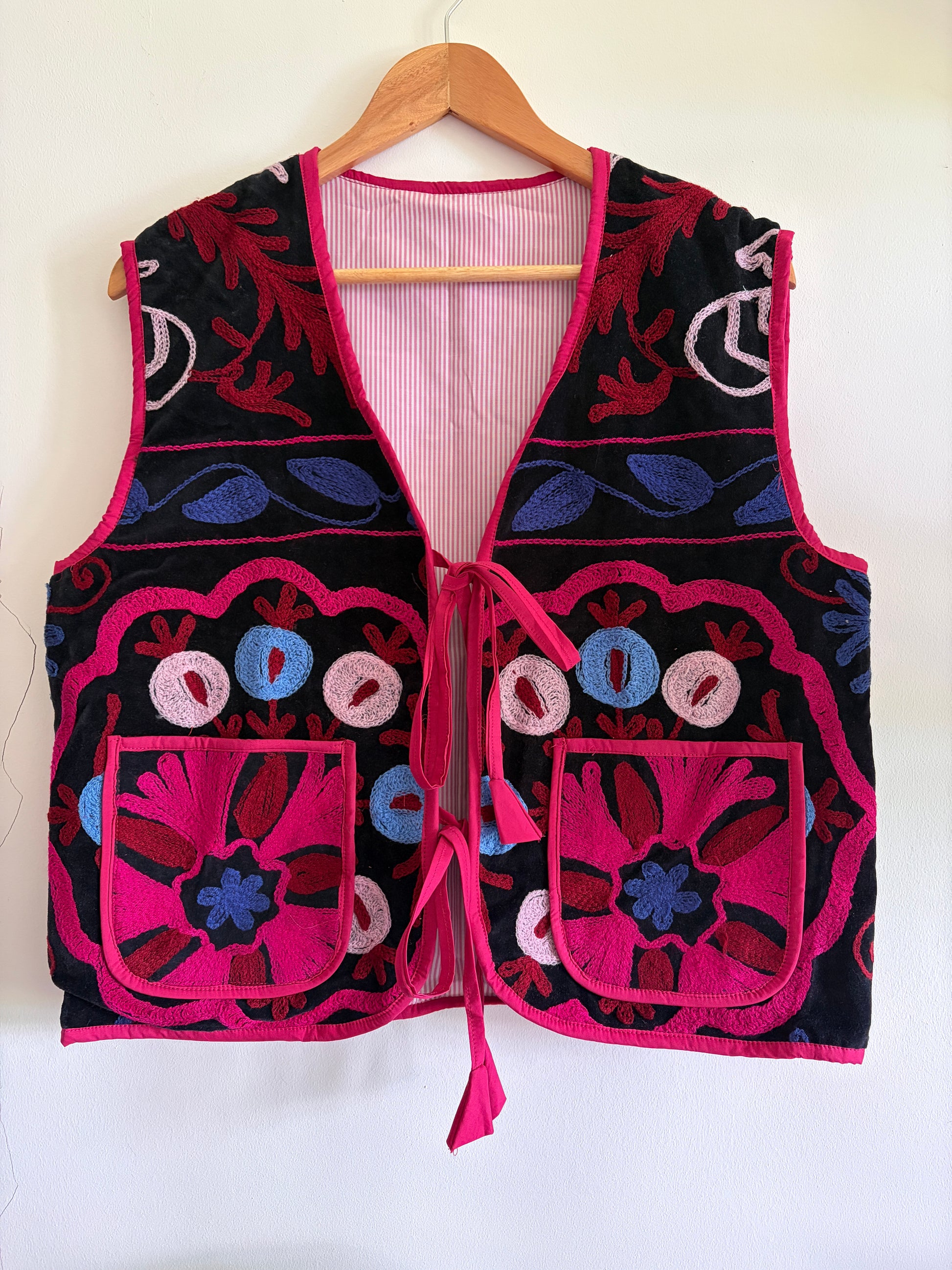 Fuchsia suzani embroidery vest UK front view handmade velvet waistcoat