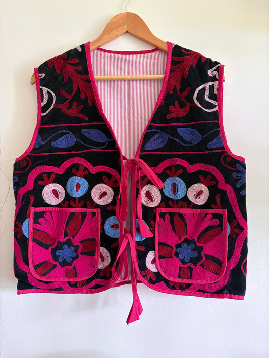 Fuchsia suzani embroidery vest UK front view handmade velvet waistcoat