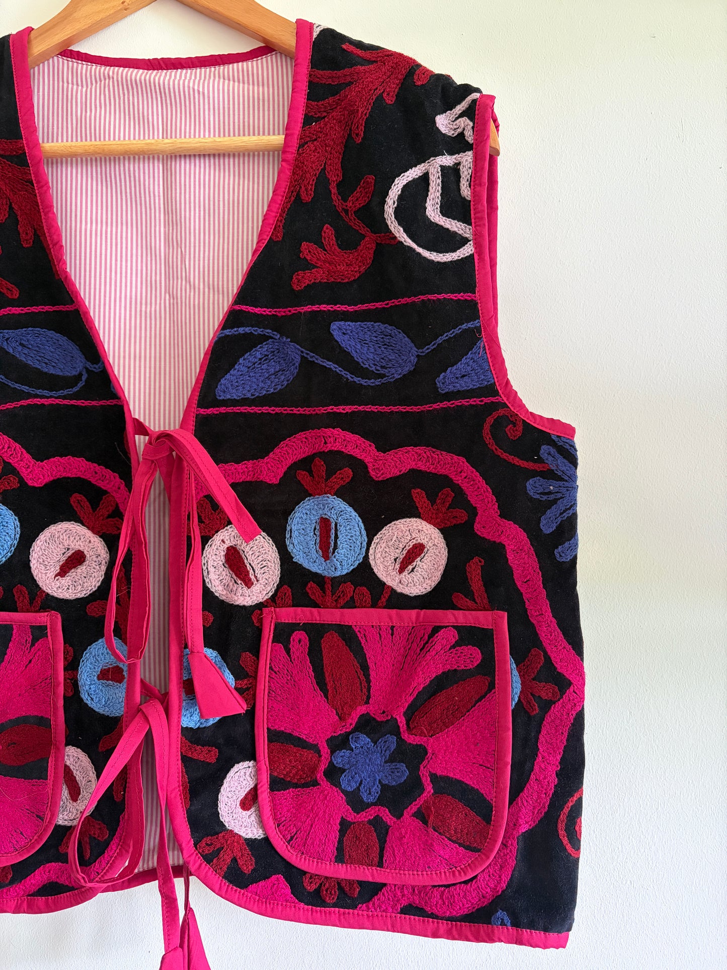 Fuchsia suzani embroidery vest UK full front design handmade velvet vest