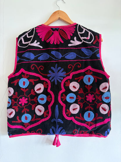 Fuchsia suzani embroidery vest UK back view embroidered velvet waistcoat