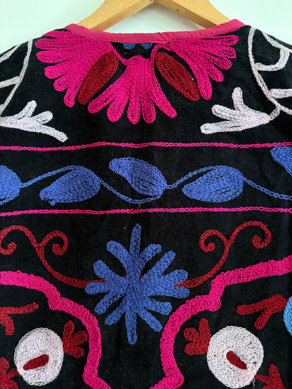Fuchsia suzani embroidery vest UK intricate pattern detail handmade velvet