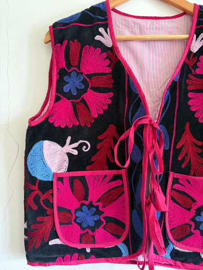 Fuchsia floral suzani embroidery vest UK full front design embroidered velvet