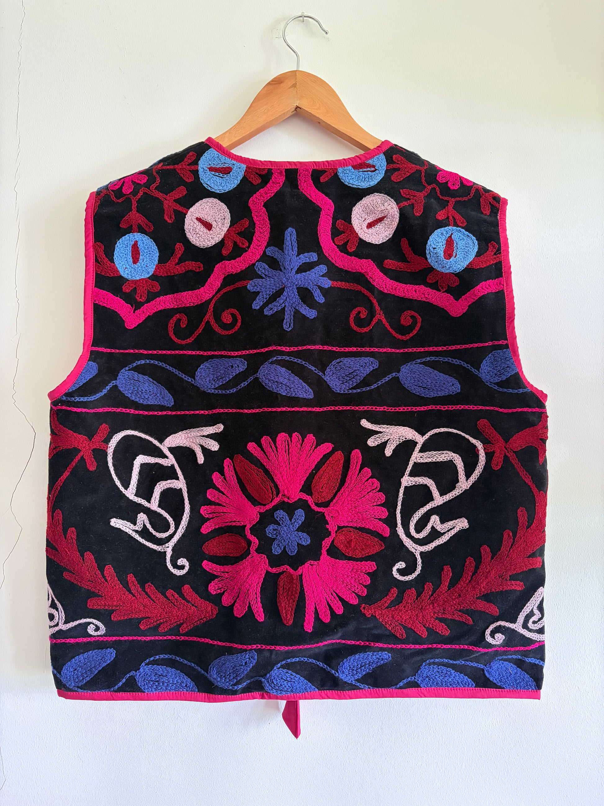 Fuchsia floral suzani embroidery vest UK back view handmade embroidered waistcoat