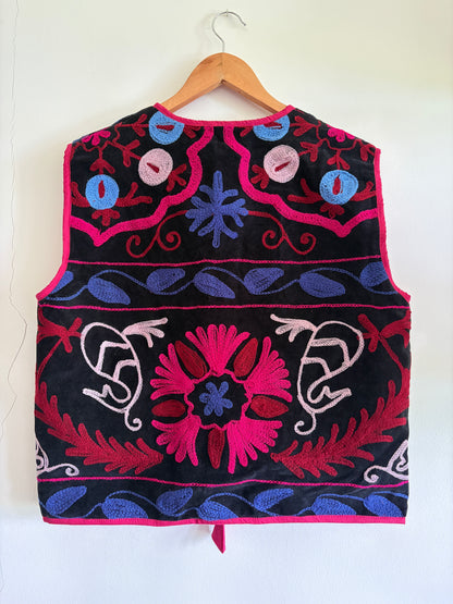 Fuchsia floral suzani embroidery vest UK back view handmade embroidered waistcoat