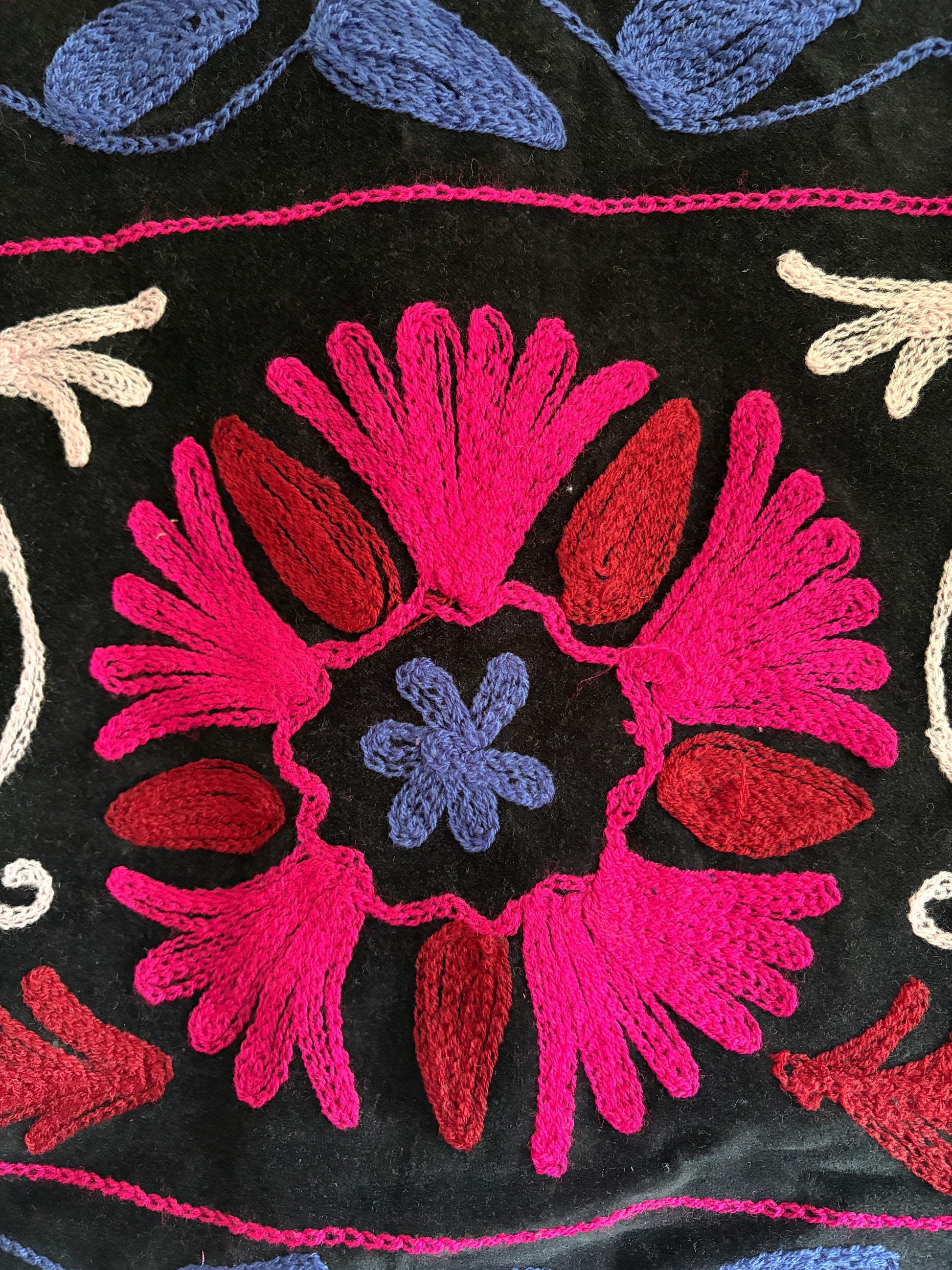 Fuchsia floral suzani embroidery vest UK floral embroidery detail velvet close up