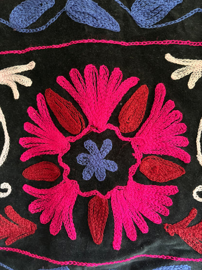 Fuchsia floral suzani embroidery vest UK floral embroidery detail velvet close up