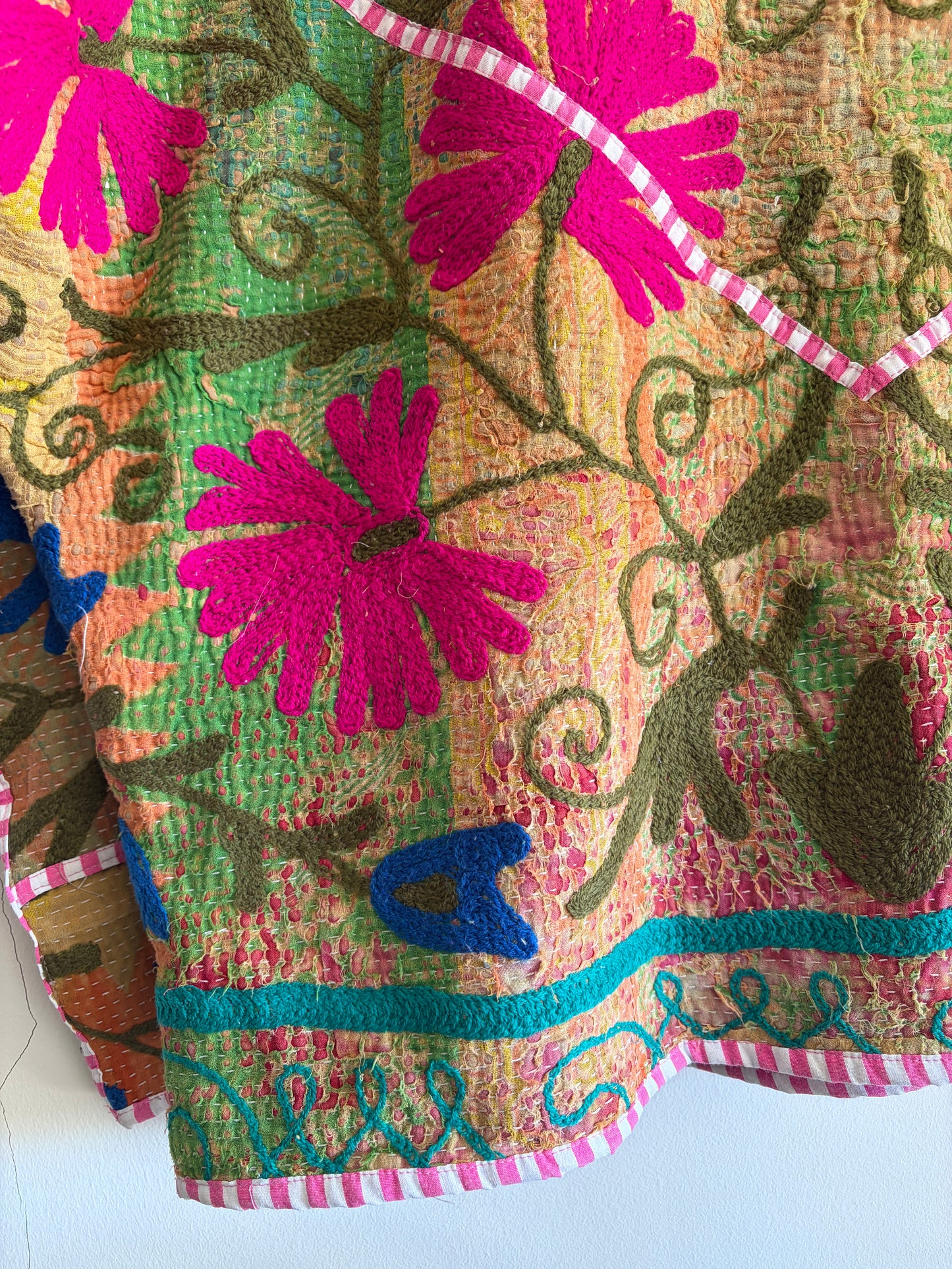 Colorful embroidered Suzani Jacket with floral patterns on a white background