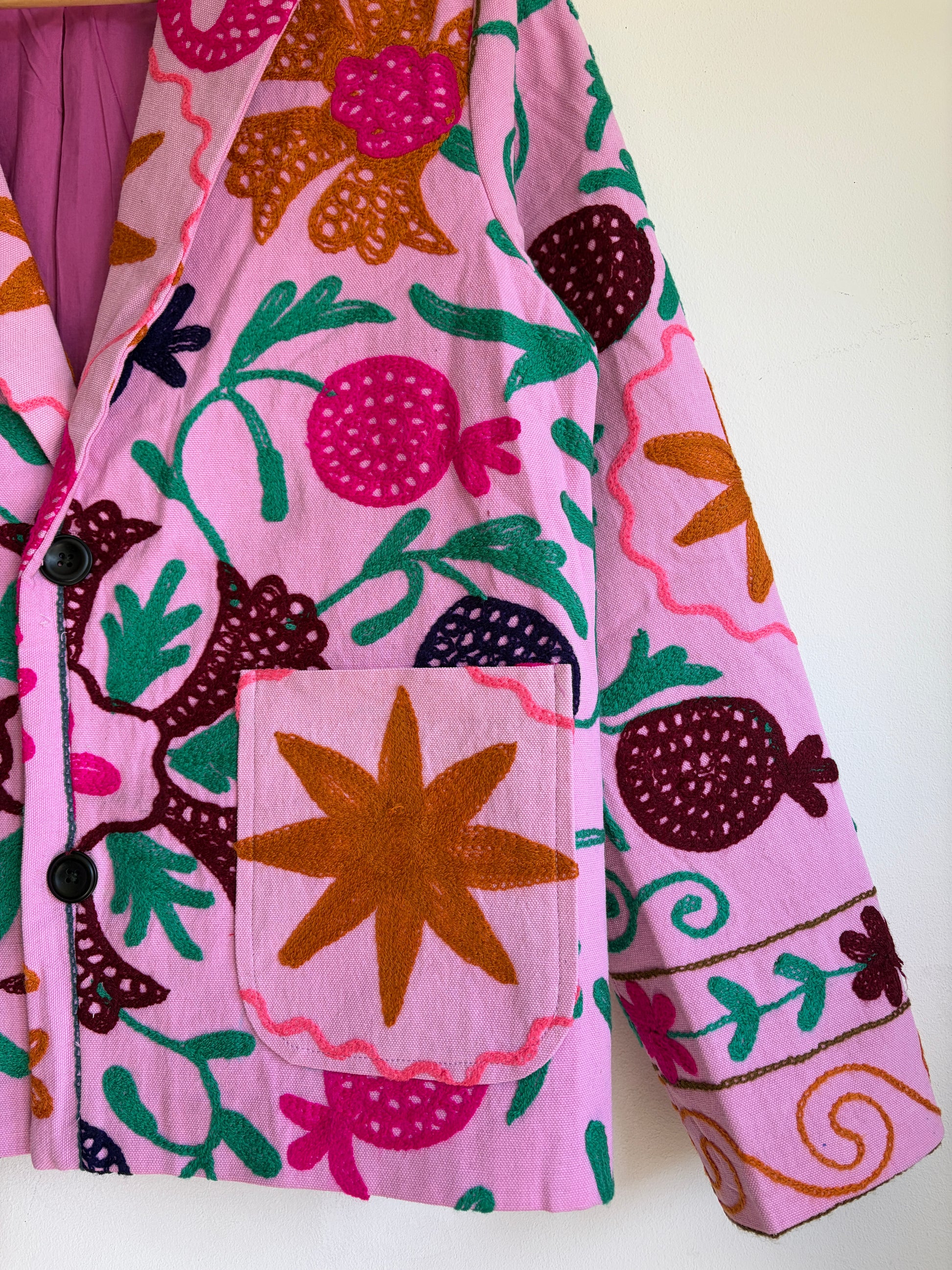 Pink Suzani Floral Blazer on a white background