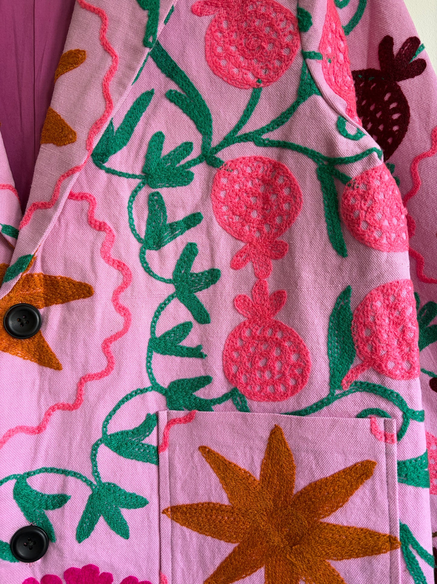 Suzani Floral Blazer with embroidered pomegranate and star patterns.