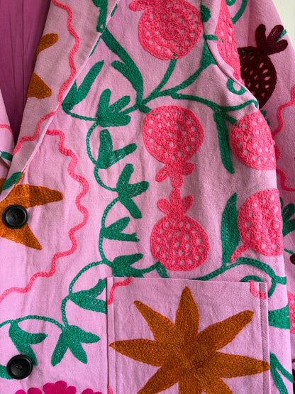 Suzani Floral Blazer with embroidered pomegranate and star patterns.