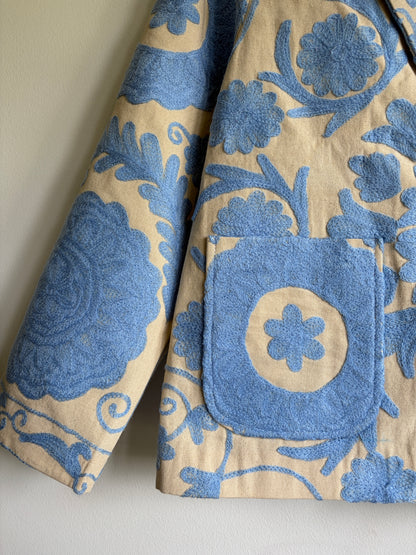 Suzani Floral Blazer  floral patterns on a beige background