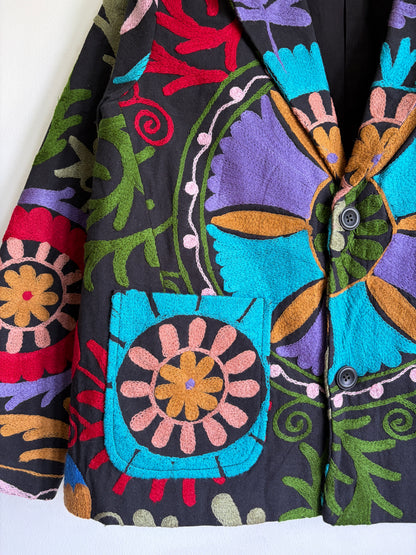 Suzani Embroidery Cotton Blazer – Black Floral