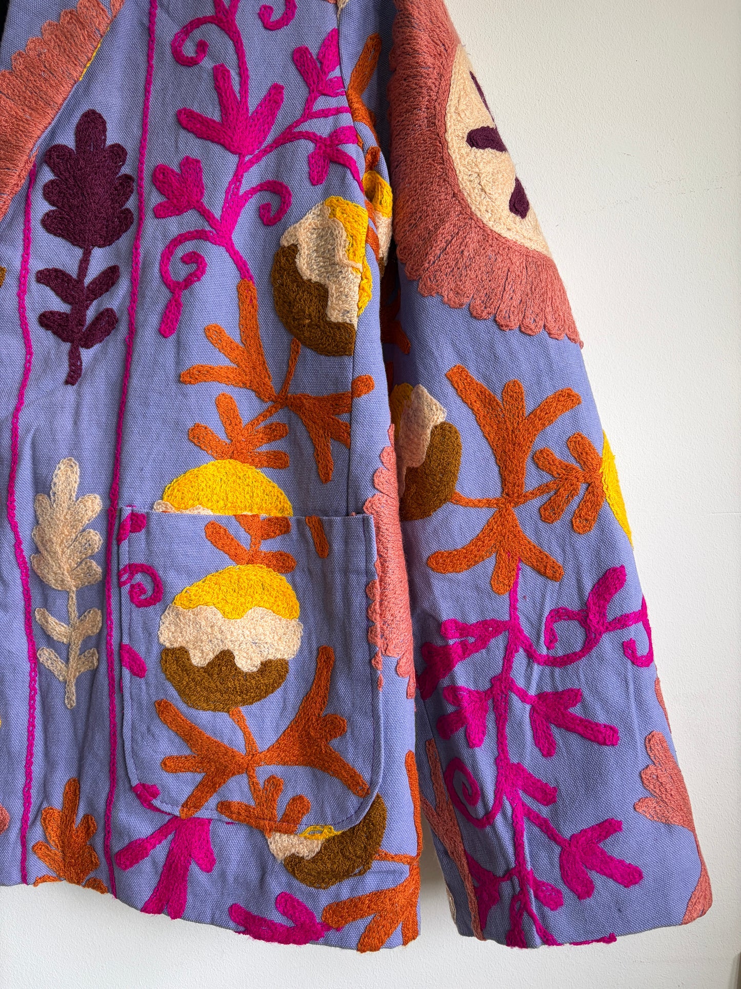 Colorful Suzani Floral Blazer with intricate patterns on a white background