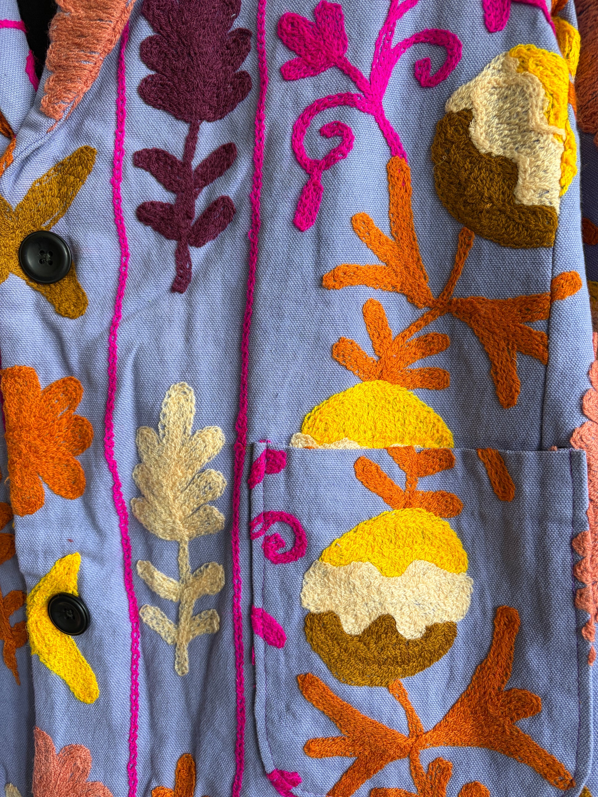 Suzani Floral Blazer colorful floral patterns on a blue background