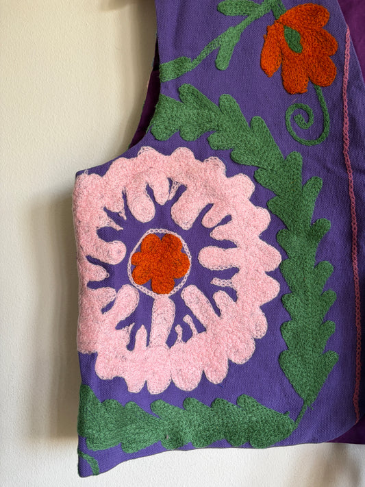 Colorful Suzani embroidery Jacket with floral patterns on a plain background