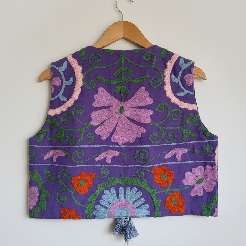 Colorful Suzani embroidery Jacket with floral patterns on a plain background