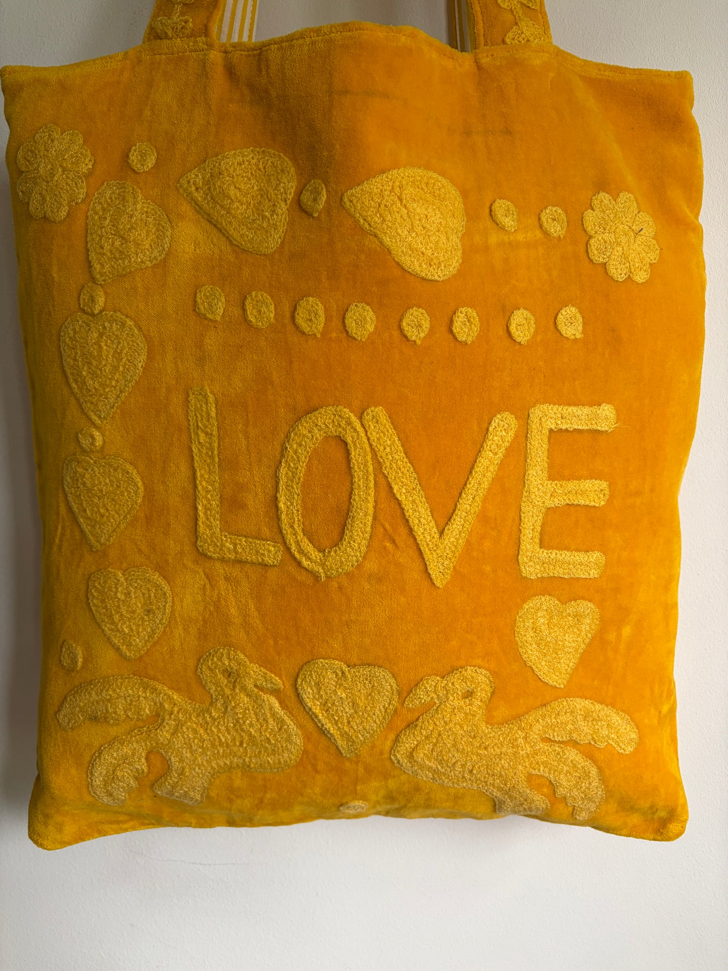 Yellow Velvet Suzani Love Embroidery Tote bag on a white background