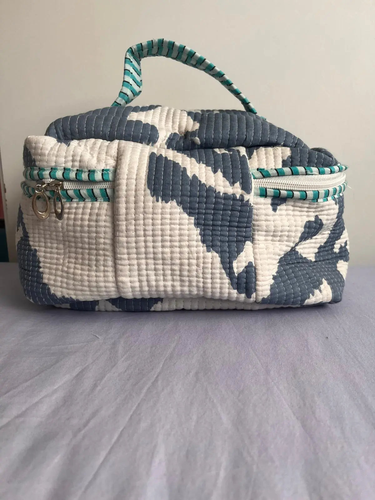 Quilted Fabric Cosmetic Bag White Green Printed Artofakind