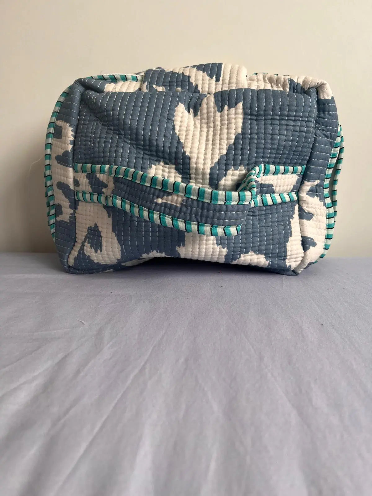 Quilted Fabric Cosmetic Bag White Green Printed Artofakind