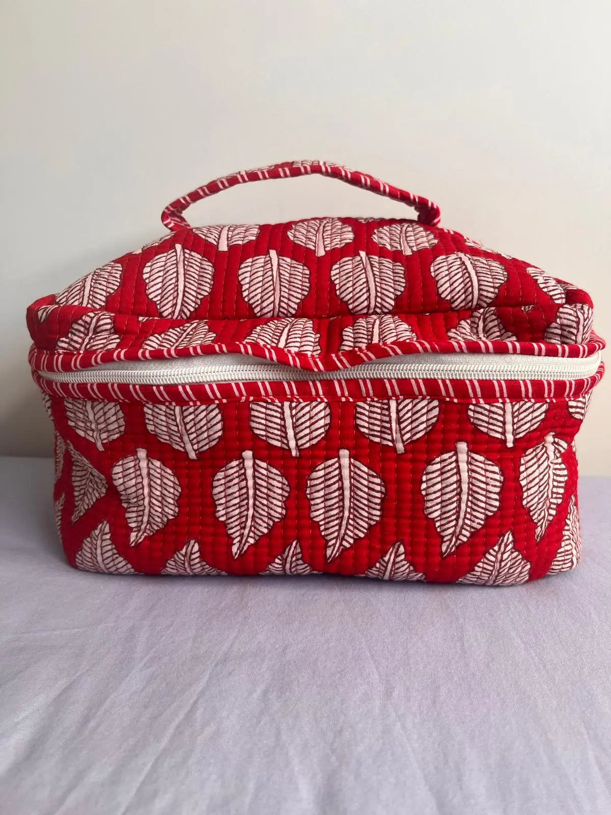 Quilted Fabric Cosmetic Bag Red leaf Printed Artofakind