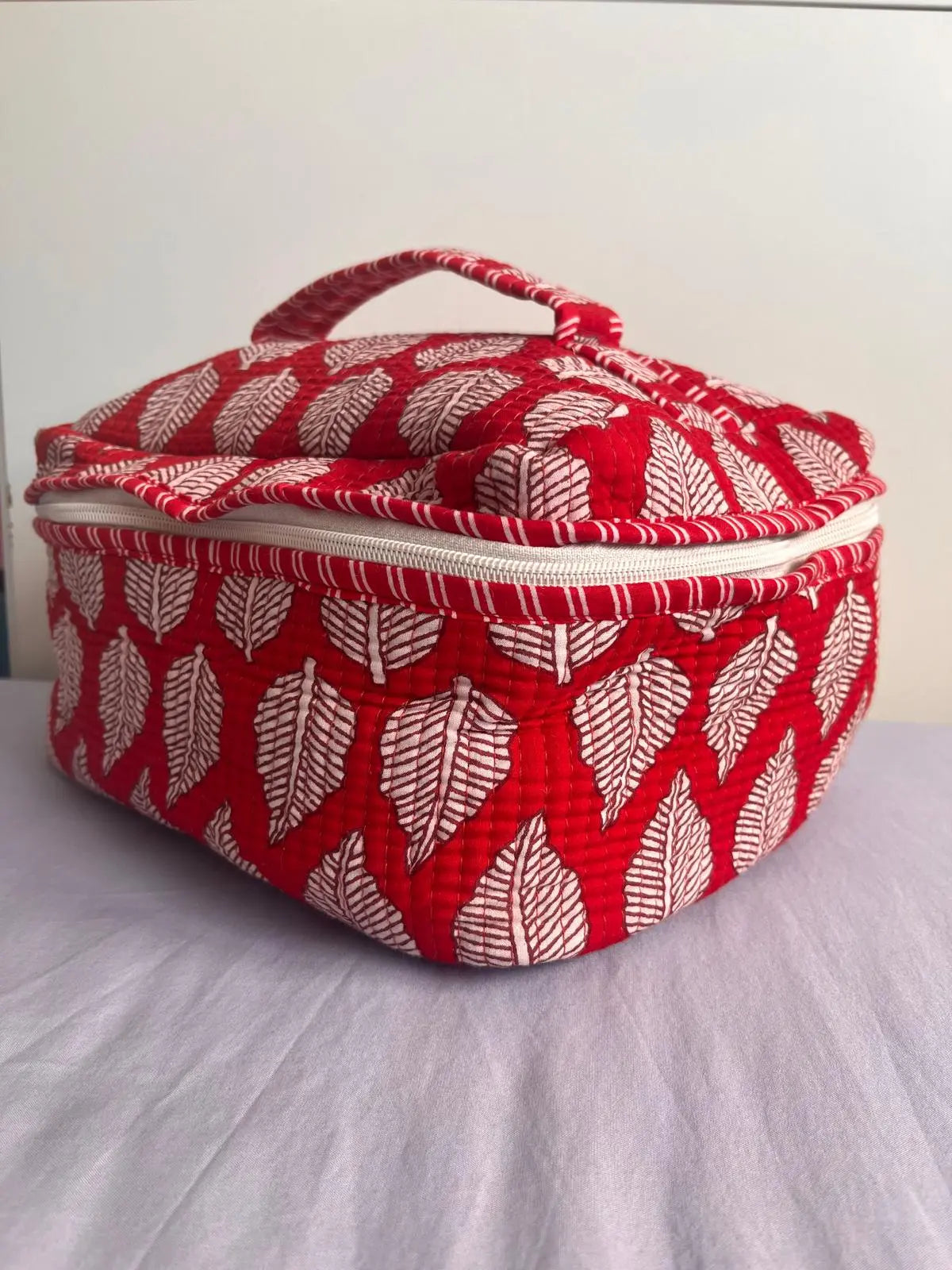 Quilted Fabric Cosmetic Bag Red leaf Printed Artofakind