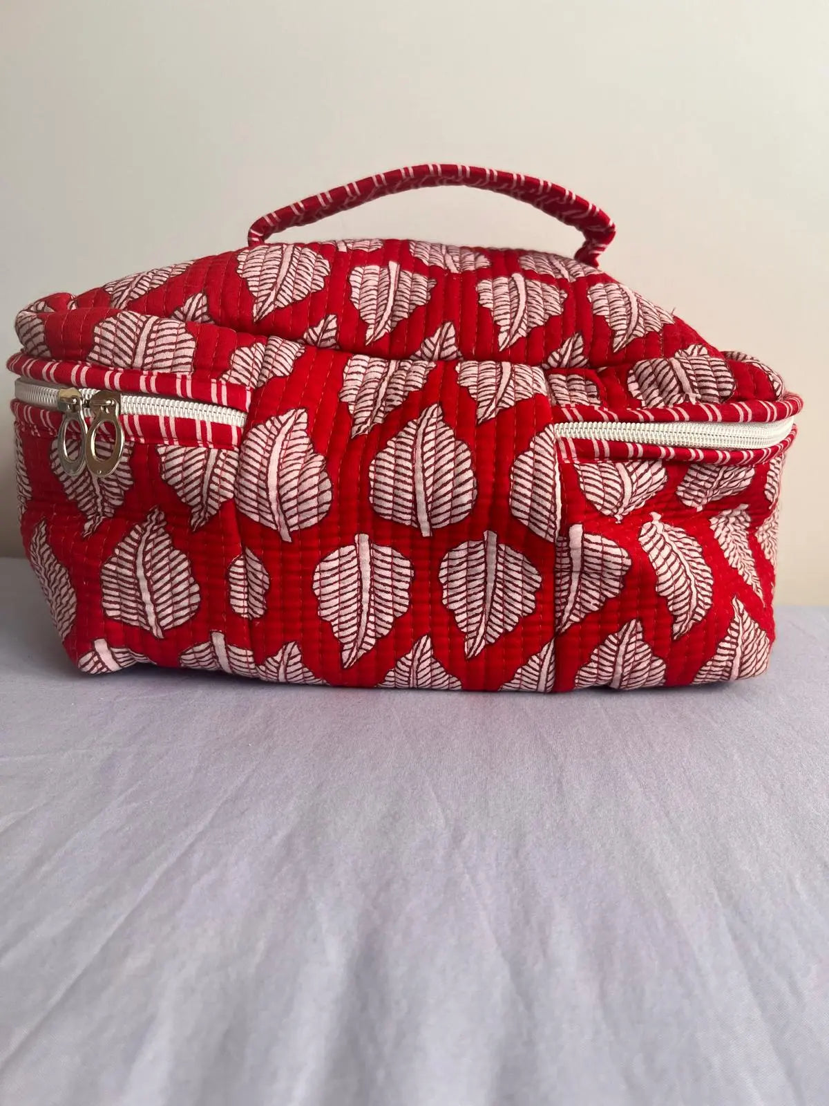 Quilted Fabric Cosmetic Bag Red leaf Printed Artofakind