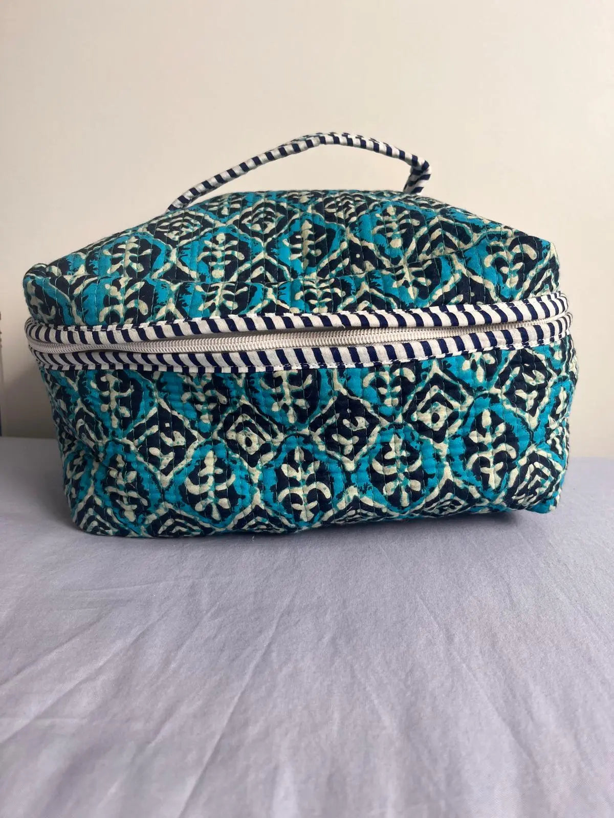 Quilted Fabric Cosmetic Bag Blue Printed Artofakind