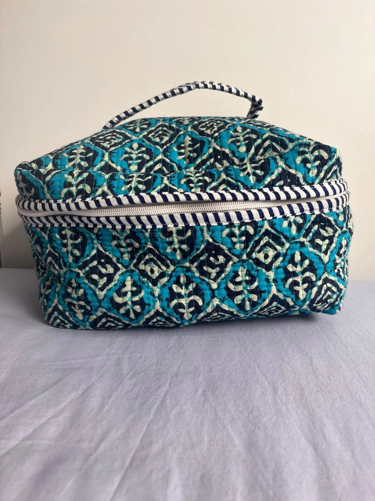 Quilted Fabric Cosmetic Bag Blue Printed Artofakind