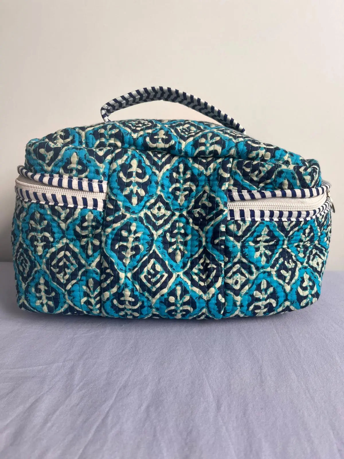 Quilted Fabric Cosmetic Bag Blue Printed Artofakind