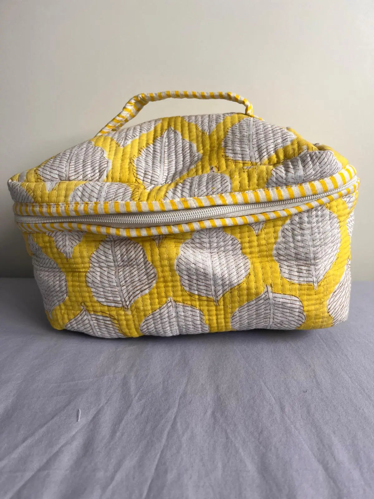 Quilted Fabric Cosmetic Bag Yellow Leaf Printed Artofakind
