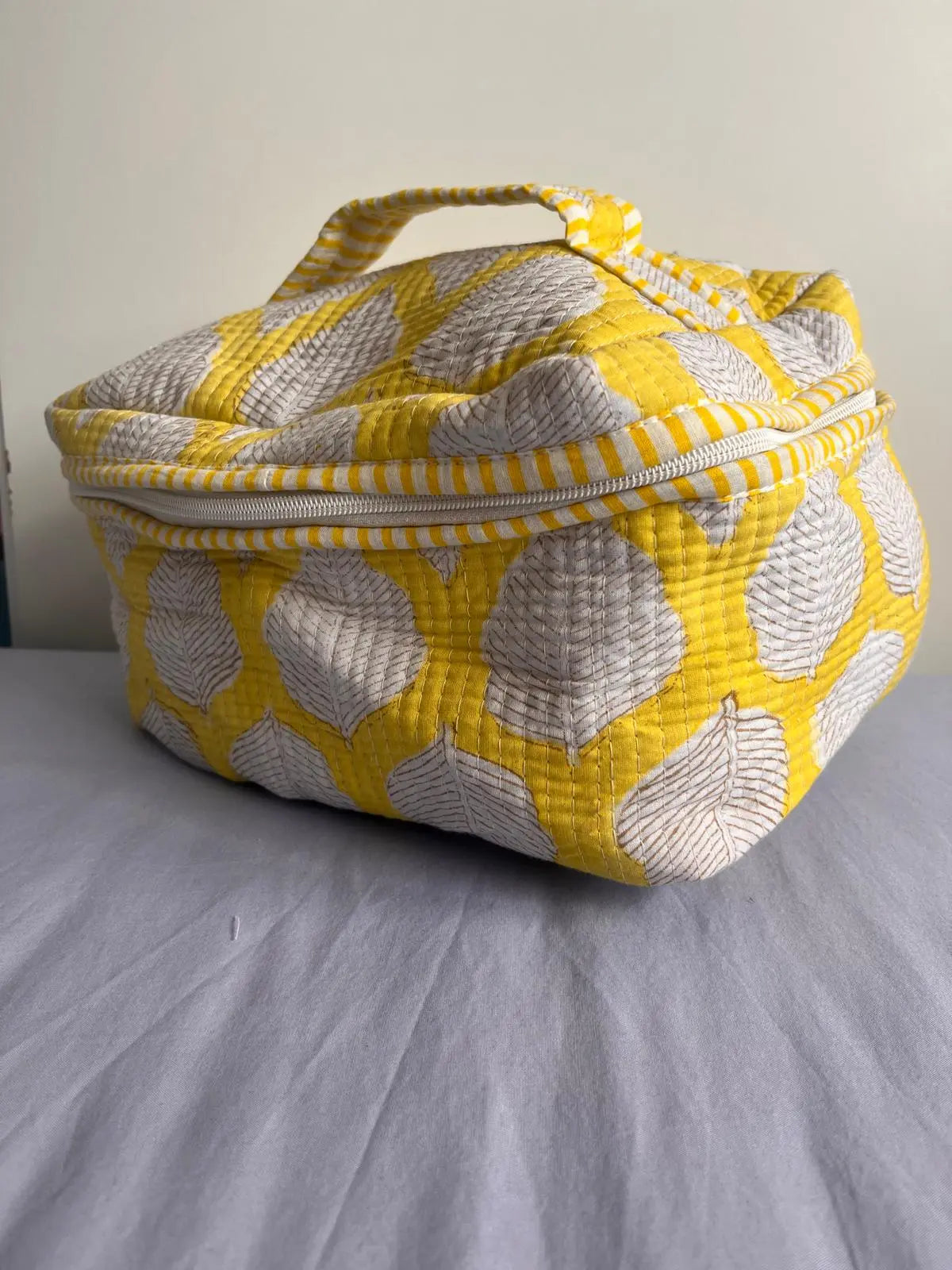 Quilted Fabric Cosmetic Bag Yellow Leaf Printed Artofakind