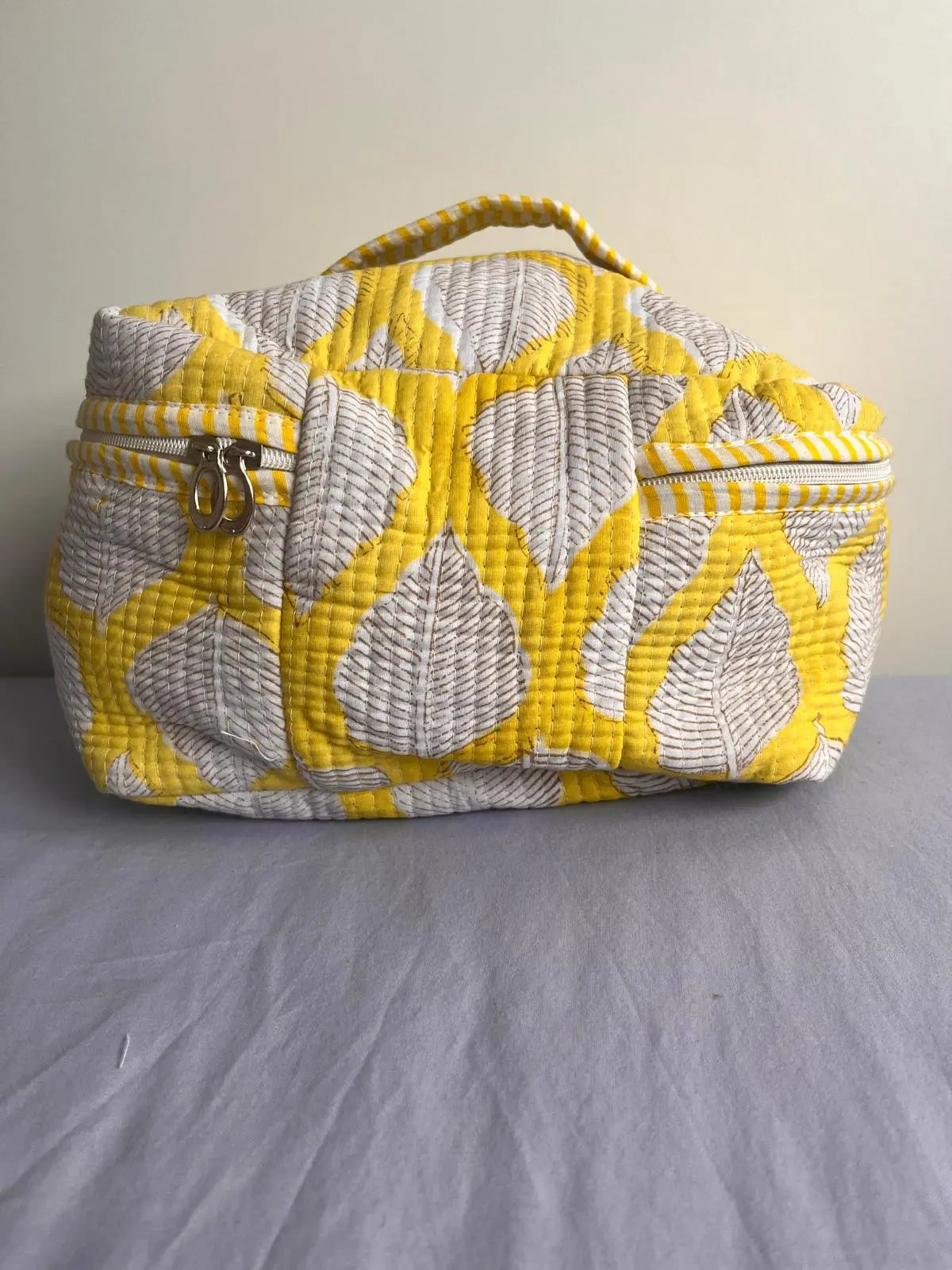 Quilted Fabric Cosmetic Bag Yellow Leaf Printed Artofakind